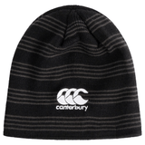 The Brazil Shield Beanie by EMB Canterbury showcases a black and gray striped design with an embroidered Canterbury logo on the front.