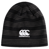 The Birmingham Rugby Text Logo Beanie by EMB Canterbury features black and gray stripes and showcases the Canterbury logo and name embroidered in white on the front.