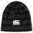 A black Canterbury Beanie with a white "Canterbury" CCC logo and three curved lines, featuring subtle horizontal stripes.