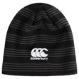 A black Canterbury Beanie with a white "Canterbury" CCC logo and three curved lines, featuring subtle horizontal stripes.