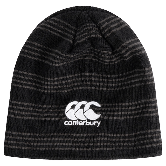 A black Canterbury Beanie with a white "Canterbury" CCC logo and three curved lines, featuring subtle horizontal stripes.
