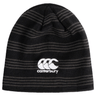 A black Canterbury Beanie with a white "Canterbury" CCC logo and three curved lines, featuring subtle horizontal stripes.