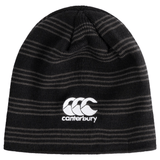 Explore the stylish USA Shield Beanie by EMB Canterbury, showcasing black and gray stripes with a white logo on the front. Perfect for adding classic charm to any outfit in true American fashion.