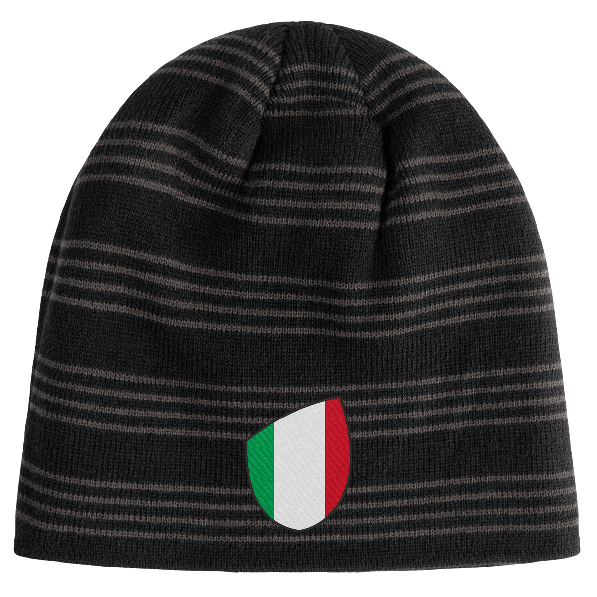 Introducing the EMB Canterbury Italy Shield Beanie—a chic black and gray striped beanie adorned with a sleek Italian flag emblem.