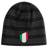 Introducing the EMB Canterbury Italy Shield Beanie—a chic black and gray striped beanie adorned with a sleek Italian flag emblem.