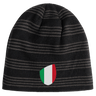 Introducing the EMB Canterbury Italy Shield Beanie—a chic black and gray striped beanie adorned with a sleek Italian flag emblem.