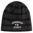 A black and gray striped Birmingham Rugby Text Logo Beanie by Canterbury, featuring “Birmingham Rugby” and two crossed rugby posts embroidered in white on the front, from EMB Canterbury.
