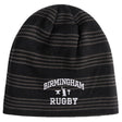 A black and gray striped Birmingham Rugby Text Logo Beanie by Canterbury, featuring “Birmingham Rugby” and two crossed rugby posts embroidered in white on the front, from EMB Canterbury.