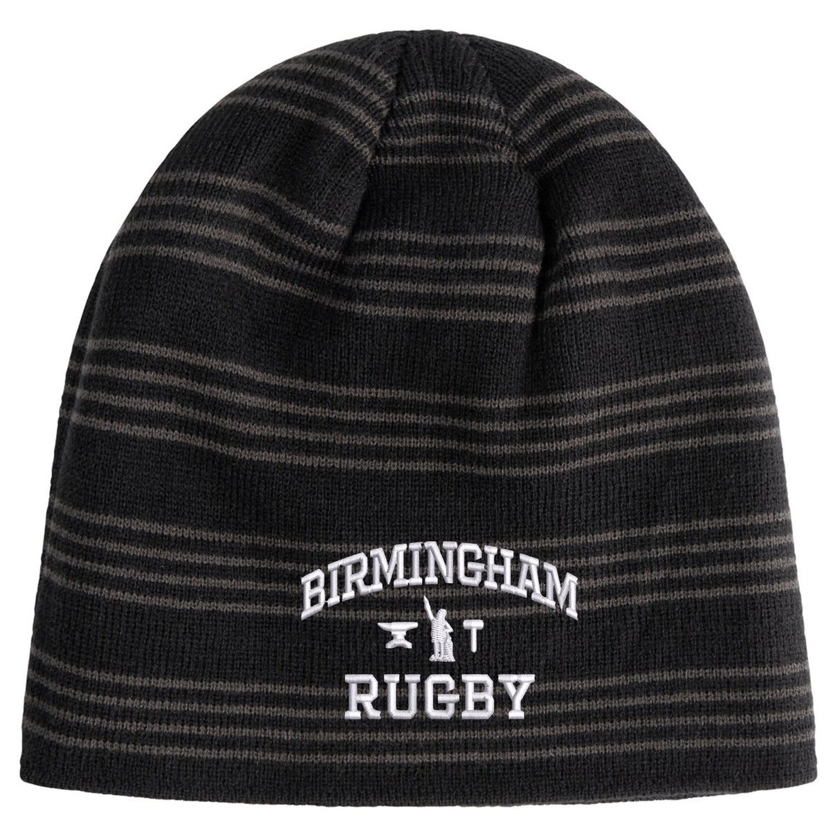 A black and gray striped Birmingham Rugby Text Logo Beanie by Canterbury, featuring “Birmingham Rugby” and two crossed rugby posts embroidered in white on the front, from EMB Canterbury.