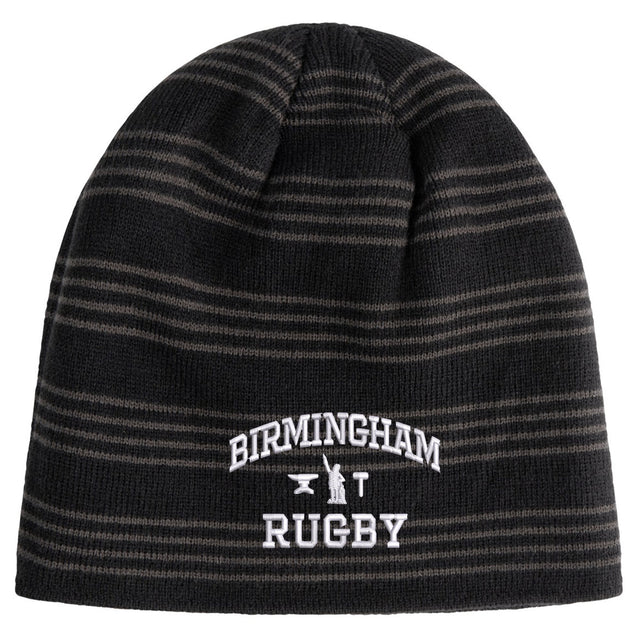A black and gray striped Birmingham Rugby Text Logo Beanie by Canterbury, featuring “Birmingham Rugby” and two crossed rugby posts embroidered in white on the front, from EMB Canterbury.