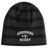 A black and gray striped Birmingham Rugby Text Logo Beanie by Canterbury, featuring “Birmingham Rugby” and two crossed rugby posts embroidered in white on the front, from EMB Canterbury.