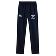 The Christian Brothers Academy Rugby Stretch Tapered Pant by EMB Canterbury is a navy blue quick-dry pant, featuring "CBA Rugby" and a logo on the right leg and a Canterbury logo on the left leg. Ideal for workouts or casual wear, these versatile pants meet all your comfort needs.