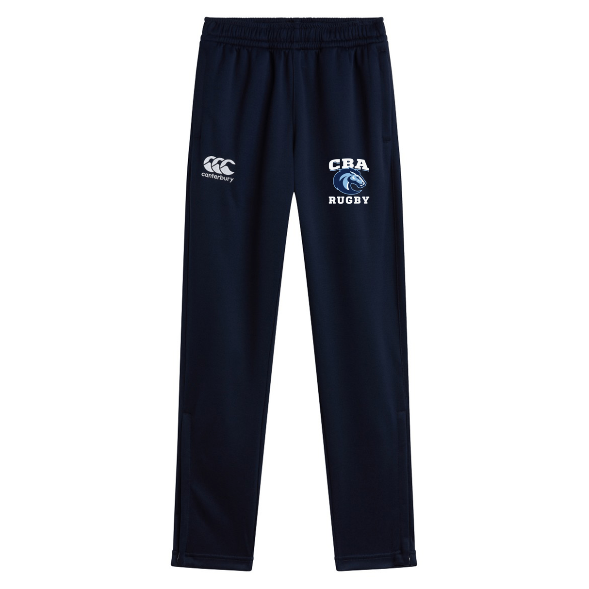 The Christian Brothers Academy Rugby Stretch Tapered Pant by EMB Canterbury is a navy blue quick-dry pant, featuring "CBA Rugby" and a logo on the right leg and a Canterbury logo on the left leg. Ideal for workouts or casual wear, these versatile pants meet all your comfort needs.