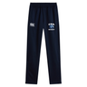 The Christian Brothers Academy Rugby Stretch Tapered Pant by EMB Canterbury is a navy blue quick-dry pant, featuring "CBA Rugby" and a logo on the right leg and a Canterbury logo on the left leg. Ideal for workouts or casual wear, these versatile pants meet all your comfort needs.