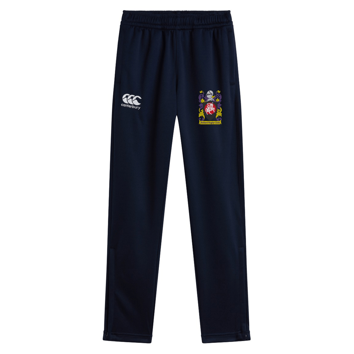 The CenCal Youth Bullard Stretch Tapered Pant by EMB Canterbury features an embroidered crest and a white logo on the upper front in navy blue, making it perfect for workout sessions with its quick-dry technology.