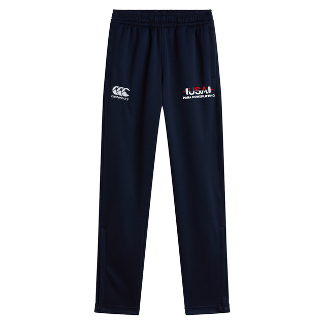The USA Para Powerlifting Stretch Tapered Pant by EMB Canterbury features an elastic waistband, quick dry finish, and logos on the front—ideal men’s training pants for comfortable workouts.