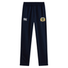 The Old Man Rivah Rugby Stretch Tapered Pant by EMB Canterbury features a navy blue design, elastic waistband, white Canterbury logo on the left, yellow and green embroidered crest on the right thigh, and quick dry fabric—ideal for active sessions.