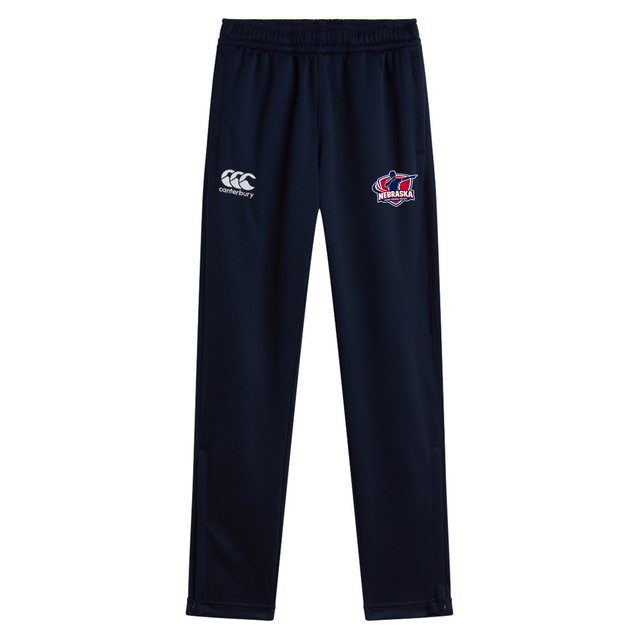 The Nebraska Rugby Referee Society Stretch Tapered Pant by EMB Canterbury features quick-dry fabric, an elastic waistband, the Canterbury logo on the left, and a Nebraska Rugby Referee Society badge on the right thigh for comfort and style.