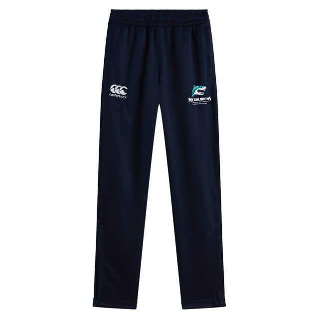 The NC Rugby Academy - Megalodons Stretch Tapered Pant by EMB Canterbury features navy blue quick-dry fabric, an elastic waistband, and white Canterbury and Missaoons logos on the upper thighs.