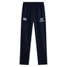 The NC Rugby Academy - Megalodons Stretch Tapered Pant by EMB Canterbury features navy blue quick-dry fabric, an elastic waistband, and white Canterbury and Missaoons logos on the upper thighs.