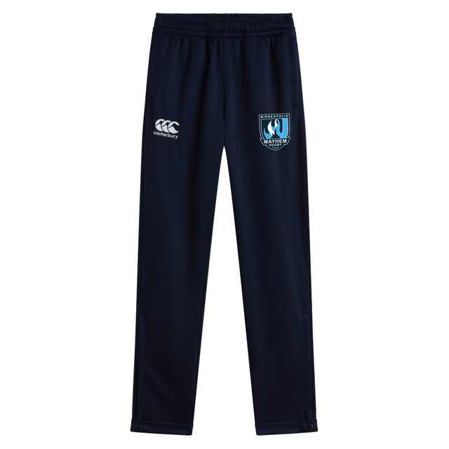 Experience ultimate comfort during training with the EMB Canterbury Minneapolis Mayhem Rugby Stretch Tapered Pant. These navy blue men’s athletic pants feature an elastic waistband, a white Canterbury logo on the left, and a school crest on the right thigh. Designed with a stretch tapered fit and quick-dry fabric, they’re perfect for workouts and rugby practice.