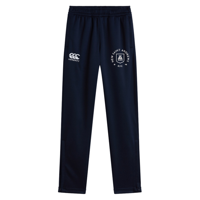 Introducing the New Saint Andrews College Stretch Tapered Pant by Canterbury. These men’s navy blue athletic pants from EMB Canterbury feature an elastic waistband, a white Canterbury logo, and the St. Andrew’s RFC emblem on the front. Designed with a stretch tapered fit and quick-dry fabric, they provide comfort and performance for any training session.