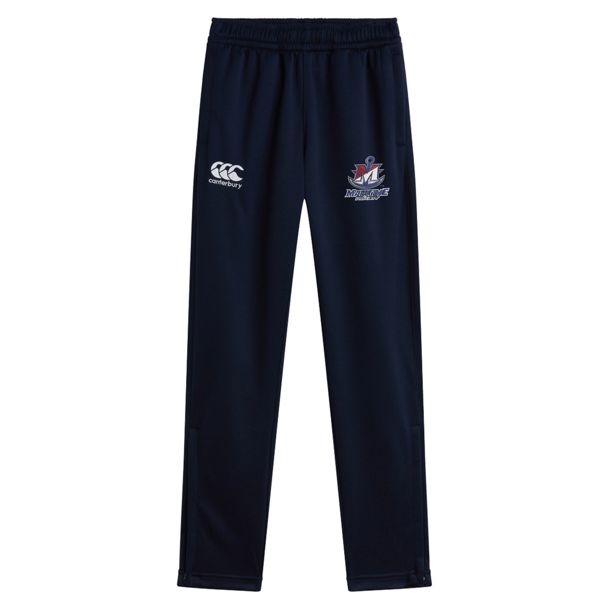 Navy blue stretch tapered SUNY Maritime Men’s Rugby Stretch Tapered Pant by Canterbury featuring a logo on the right thigh and a team crest on the left thigh.
