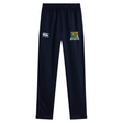Navy blue Takoma Touch Rugby Stretch Tapered Pant by Canterbury featuring an elastic waistband, a logo on the right thigh, and a colorful team crest on the left thigh.