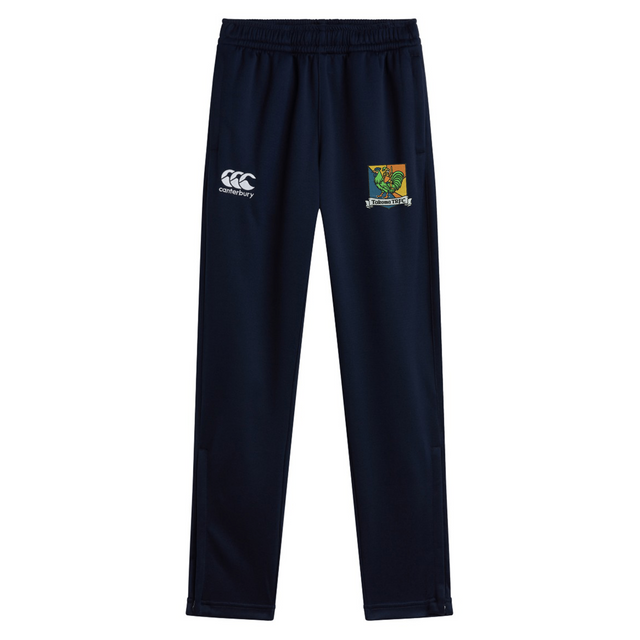 Navy blue Takoma Touch Rugby Stretch Tapered Pant by Canterbury featuring an elastic waistband, a logo on the right thigh, and a colorful team crest on the left thigh.