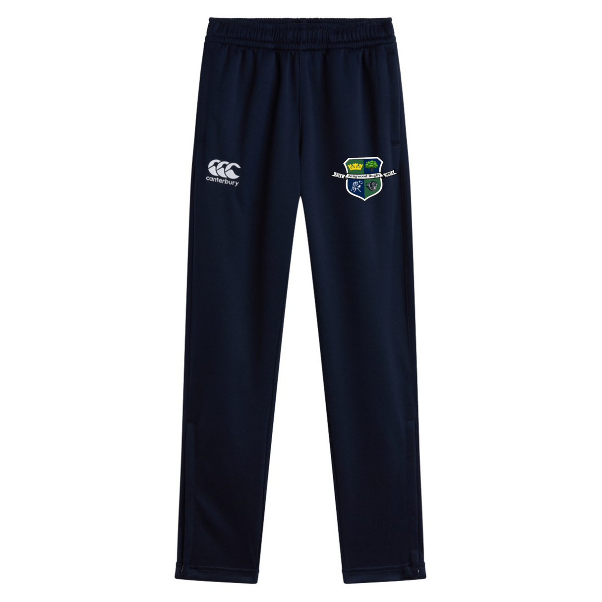 The Kingwood Rugby Stretch Tapered Pant by EMB Canterbury features an elastic waistband, white Canterbury logo on the left, and a green/blue shield on the right thigh—ideal men’s quick-dry workout pants for comfort.