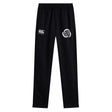 Missoula All-Maggots Stretch Tapered Pant by EMB Canterbury, these men’s black athletic track pants feature an elastic waistband and two white logos on the upper thighs, laid flat against a white background.