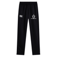 The Highlanders Rugby NC Stretch Tapered Pant by Canterbury, from the EMB Canterbury brand, features quick-dry black fabric adorned with logos on the front. One logo reads "Canterbury," and the other is "Highlander Rugby" accompanied by a shield symbol. These workout pants offer both comfort and functionality with their elastic waistband and zippered bottom hems.