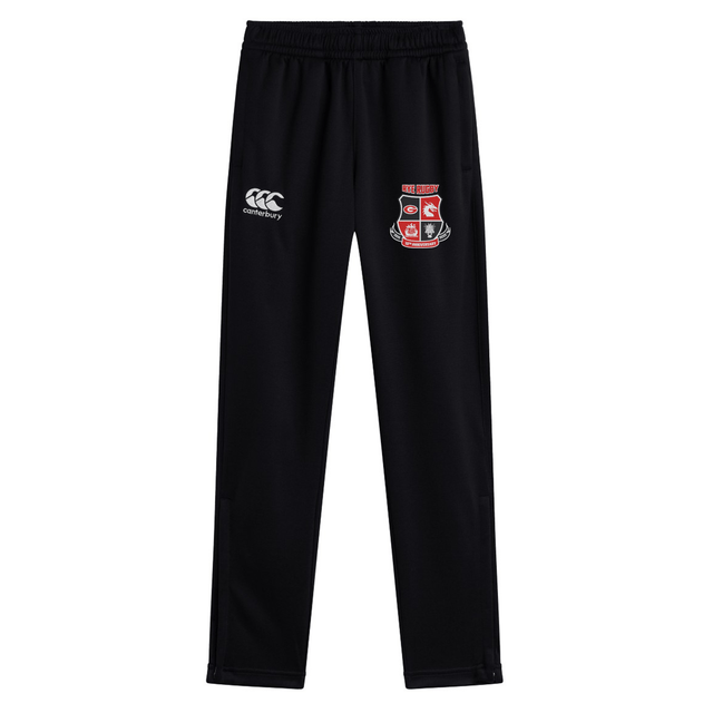 The Rye High School 10 Year Stretch Tapered Pant by EMB Canterbury offers a workout-friendly design with quick-dry fabric and an elastic waistband, featuring a logo on the right side and a distinctive white Canterbury logo on the left.