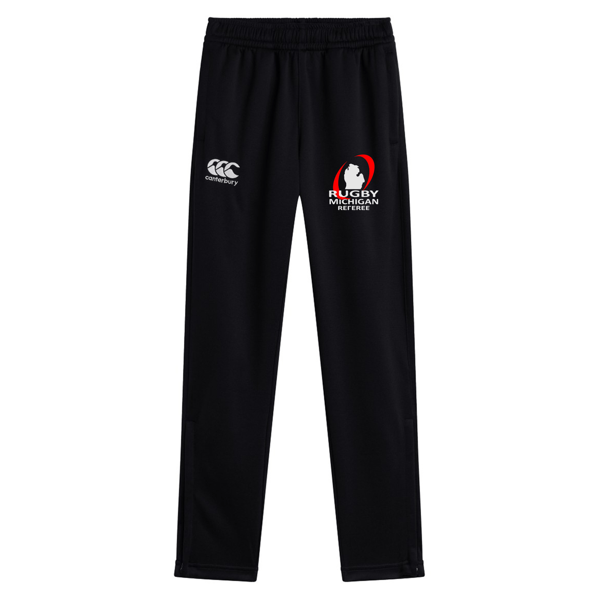 The Rugby Michigan Referee Society Stretch Tapered Pant by EMB Canterbury, featuring a quick-dry design and logos of "Rugby Michigan Referee" and Canterbury on the front, is ideal for workouts.