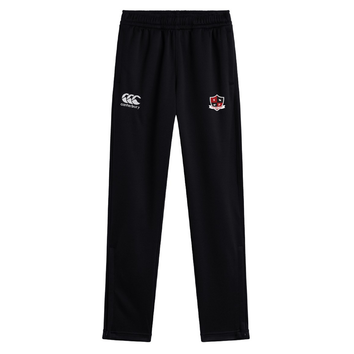 The Southern Pines Youth Rugby Stretch Tapered Pant by EMB Canterbury features a black design with an elastic waistband, a white logo on the left, and a red, black, and white crest on the right, combining comfort and style for any active occasion.