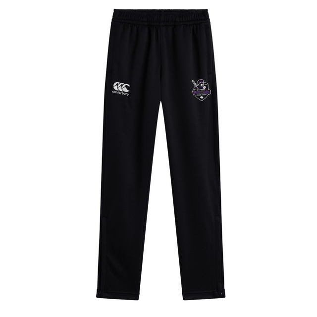 The Cypress Warriors Men's Rugby Stretch Tapered Pant by EMB Canterbury features an elastic waistband, white Canterbury logo, purple team crest, and quick dry fabric—ideal men’s training pants for all athletic needs.