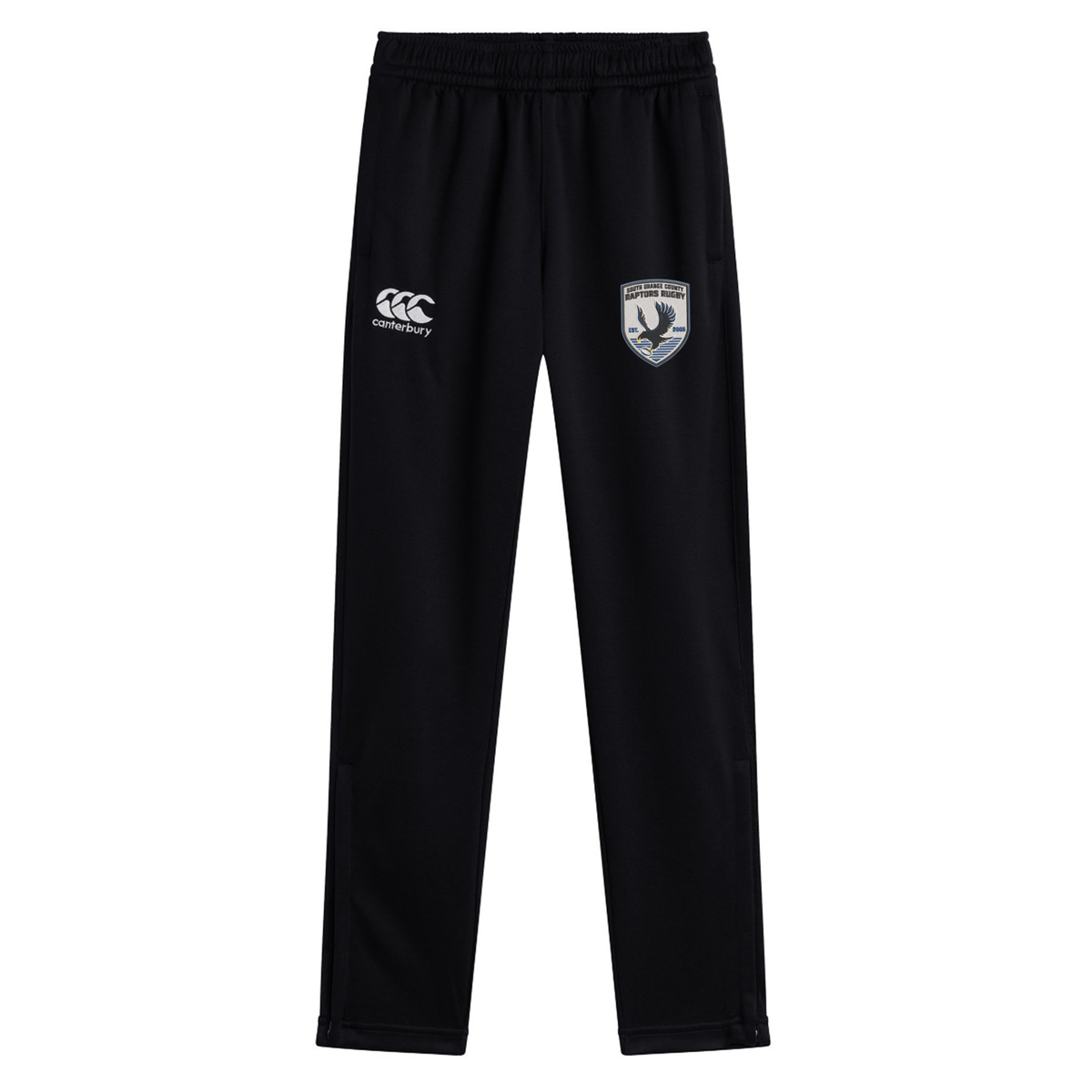 The South Orange County Raptors Stretch Tapered Pant by EMB Canterbury are black men’s workout pants featuring an elastic waistband, the iconic white Canterbury logo on the left, and a shield-shaped patch with a bird and text on the right thigh. Designed for comfort and performance, these quick-dry training pants are ideal for your next session.