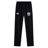 The South Orange County Raptors Stretch Tapered Pant by EMB Canterbury are black men’s workout pants featuring an elastic waistband, the iconic white Canterbury logo on the left, and a shield-shaped patch with a bird and text on the right thigh. Designed for comfort and performance, these quick-dry training pants are ideal for your next session.