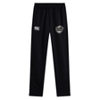 Black stretch tapered ICRON Stretch Tapered Pant by Canterbury workout pants featuring a logo and text on the thighs.