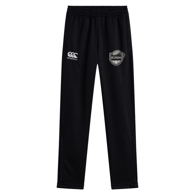 Black stretch tapered ICRON Stretch Tapered Pant by Canterbury workout pants featuring a logo and text on the thighs.