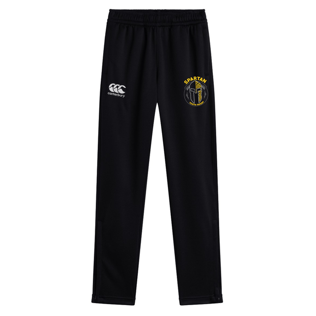 The Spartan Youth Rugby Stretch Tapered Pant by Canterbury features an elastic waistband, quick-dry fabric, white CCC logo on the left, and a yellow Spartans badge on the right thigh—perfect for active young athletes. Brand: EMB Canterbury.