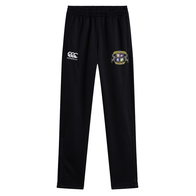 The Winchester Cannons Stretch Tapered Pant by EMB Canterbury are men's workout pants with an elastic waistband, quick dry fabric, a white Canterbury logo, and an embroidered crest on the front for supreme comfort and style.