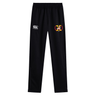 The Potomac Exiles Rugby Club Stretch Tapered Pant by EMB Canterbury features black athletic pants with an elastic waistband, displaying the Canterbury logo on the left thigh and a vibrant Potomac Exiles emblem on the right. Designed for men’s workouts, these pants offer a comfortable fit and quick-dry performance for active lifestyles.
