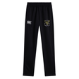 The Hornets Rugby Club 1977 Stretch Tapered Pant by EMB Canterbury features a black athletic design with an elastic waistband, a white Canterbury logo on the left thigh, and an embroidered yellow and white Hornets emblem on the right thigh. Displayed against a white background, these men’s workout pants offer optimal comfort and mobility with their signature Stretch Tapered Pant construction.