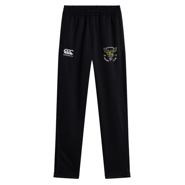 The Hornets Rugby Club 1977 Stretch Tapered Pant by EMB Canterbury features a black athletic design with an elastic waistband, a white Canterbury logo on the left thigh, and an embroidered yellow and white Hornets emblem on the right thigh. Displayed against a white background, these men’s workout pants offer optimal comfort and mobility with their signature Stretch Tapered Pant construction.