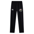 The Society of Iowa Rugby Referees Stretch Tapered Pant by EMB Canterbury features an elastic waistband, a white Canterbury logo on the left thigh, and a circular floral badge on the right thigh—these men’s workout pants are designed for both style and performance.