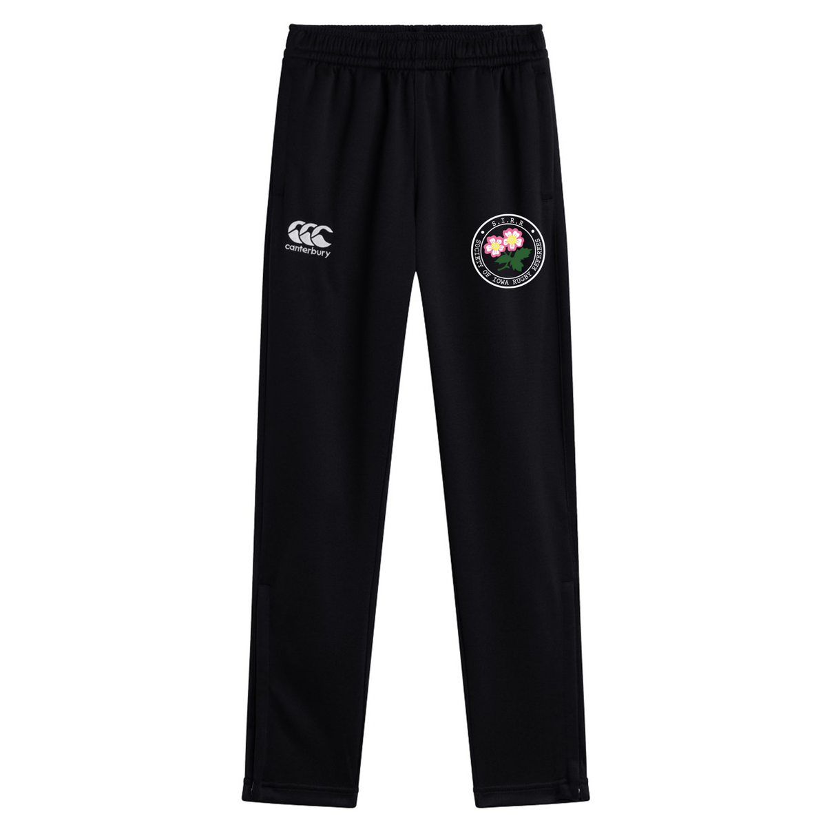 The Society of Iowa Rugby Referees Stretch Tapered Pant by EMB Canterbury features an elastic waistband, a white Canterbury logo on the left thigh, and a circular floral badge on the right thigh—these men’s workout pants are designed for both style and performance.