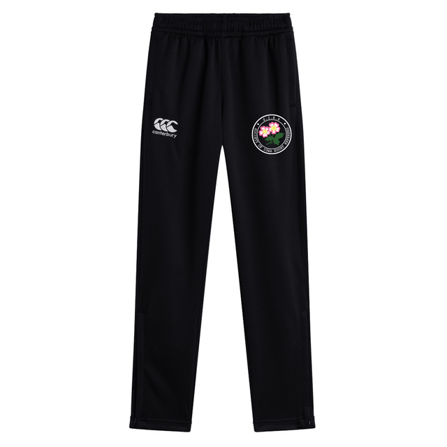 The Society of Iowa Rugby Referees Stretch Tapered Pant by EMB Canterbury features an elastic waistband, a white Canterbury logo on the left thigh, and a circular floral badge on the right thigh—these men’s workout pants are designed for both style and performance.