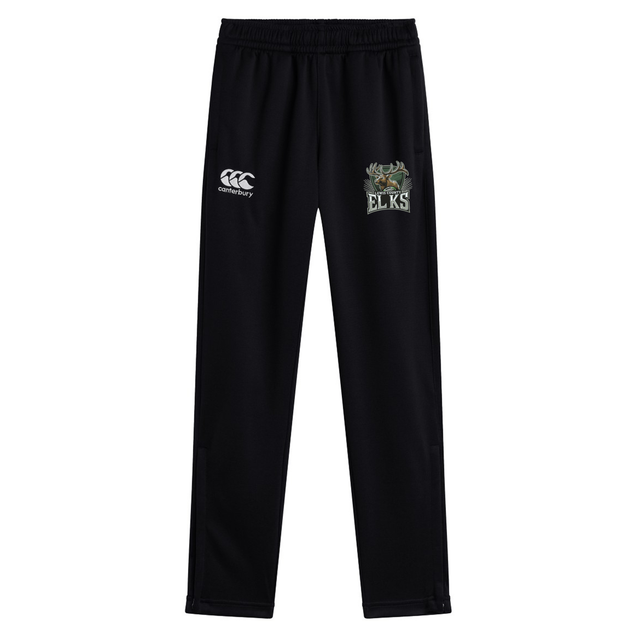 The Lewis County Elks Stretch Tapered Pant by Canterbury from EMB Canterbury features black athletic pants with an elastic waist, a Canterbury logo on the left thigh, and an Elks team logo on the right thigh. These men’s training pants provide a comfortable fit, making them perfect for your workout routine.
