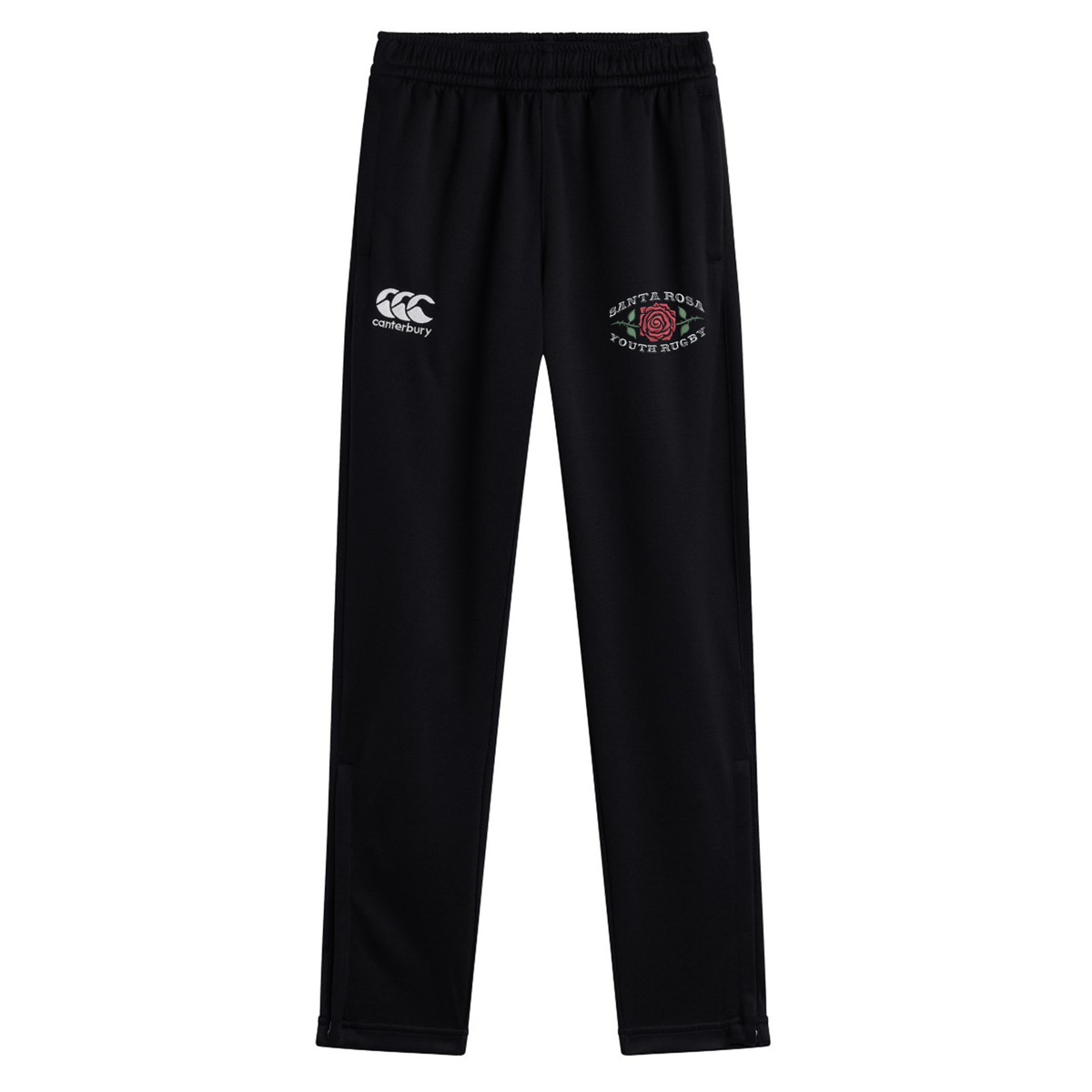 Introducing the Santa Rosa Youth Rugby Stretch Tapered Pant by Canterbury—a black athletic pant from EMB Canterbury, featuring a comfortable elastic waistband, the iconic white Canterbury logo on the left thigh, and a distinctive “Santa Rosa Youth Rugby” crest on the right thigh. Designed to deliver both comfort and performance, these men’s workout pants are ideal for any training session.